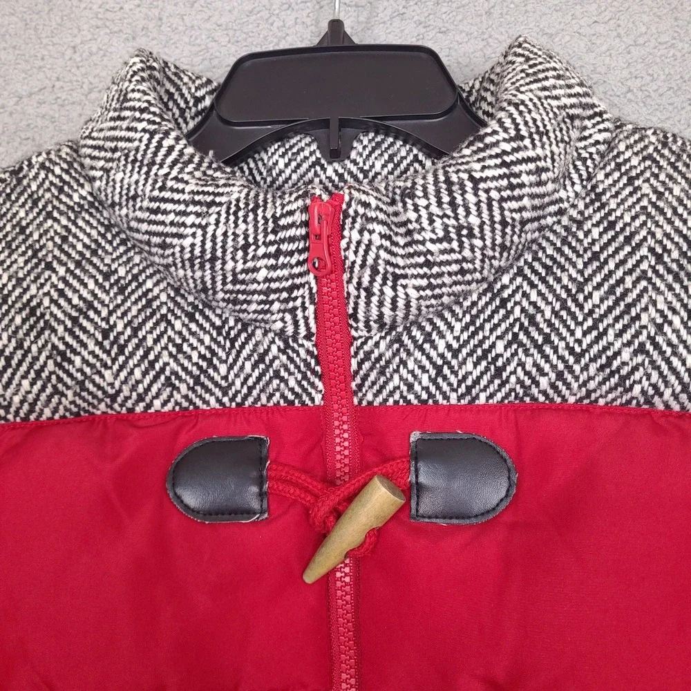 RuffHewn Womens Puffer Vest Large Red Herringbone Tweed Toggle‎ Zip Up